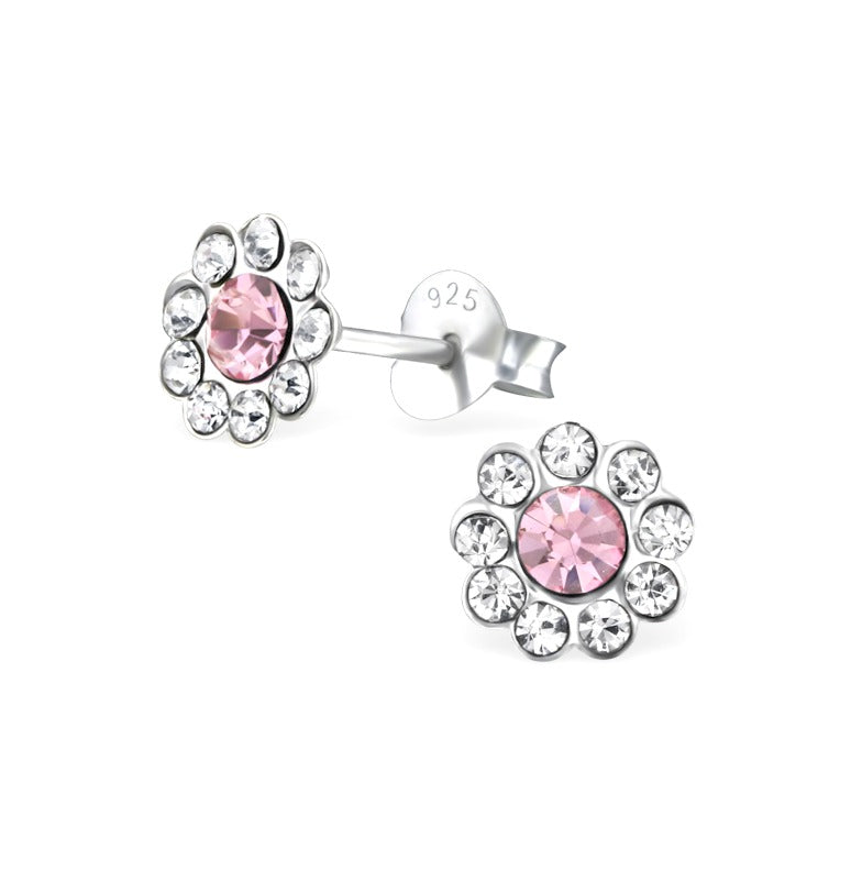 Baby and Children's Earrings:  Sterling Silver, White with Pink Centre Flowers