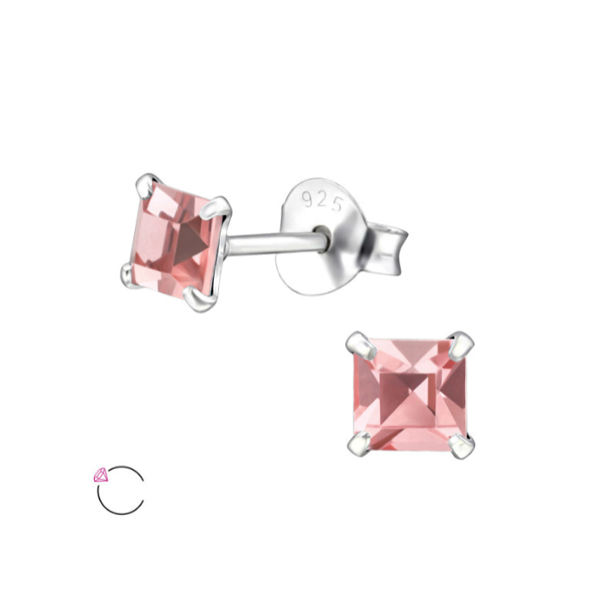 Children's Earrings:  Sterling Silver Four Prong, 4mm Princess Cut, pink CZ Studs