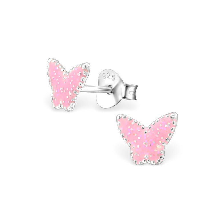 Baby and Children's Earrings:  Sterling Silver Pink Glitter Butterflies