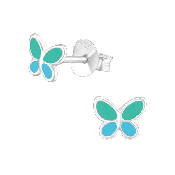 Baby and Toddler Earrings:  Sterling Silver Aqua/Blue Enamel Butterfly Earrings