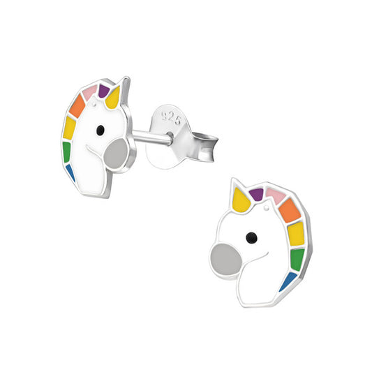 Children's Earrings:  Sterling Silver Unicorns Heads - Red/Yellow/Blue/Green