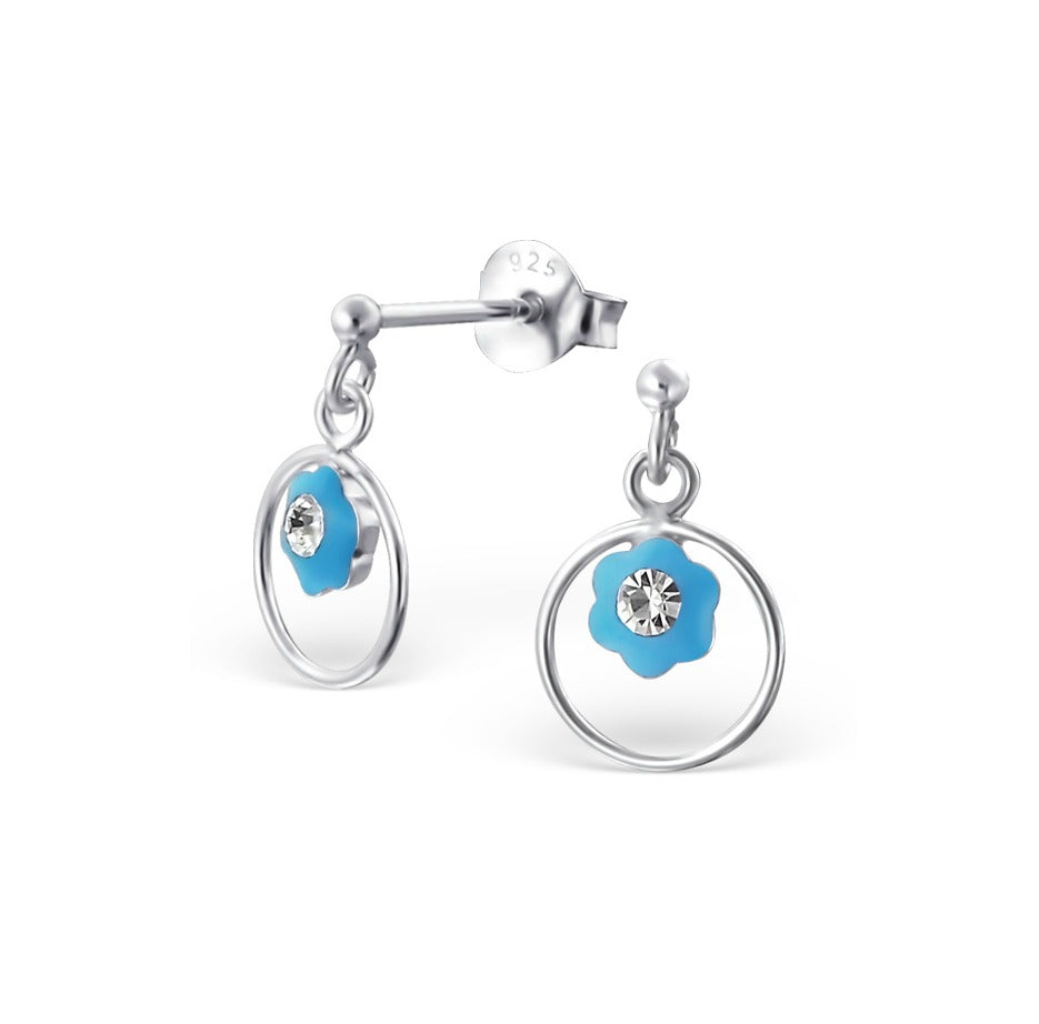 Children's Earrings:  Sterling Silver Drop Blue Flowers