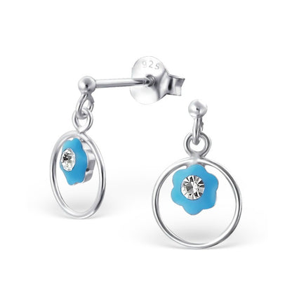 Children's Earrings:  Sterling Silver Drop Blue Flowers