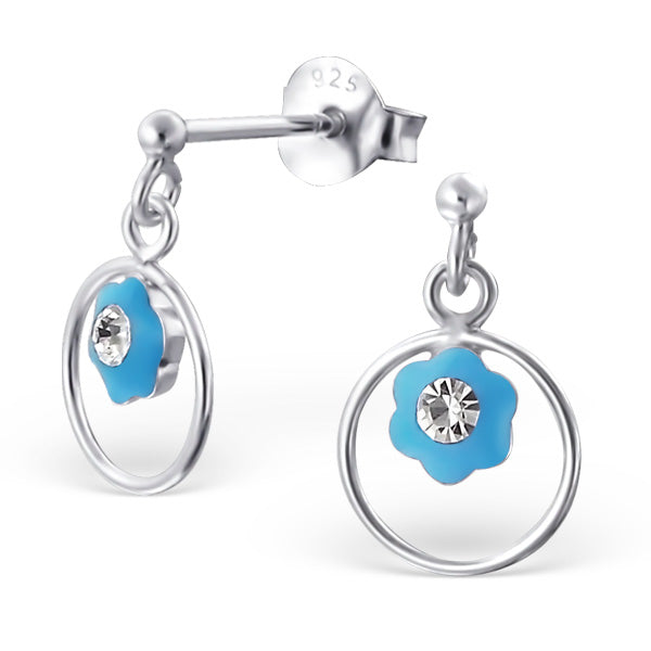 Children's Earrings:  Sterling Silver Drop Blue Flowers
