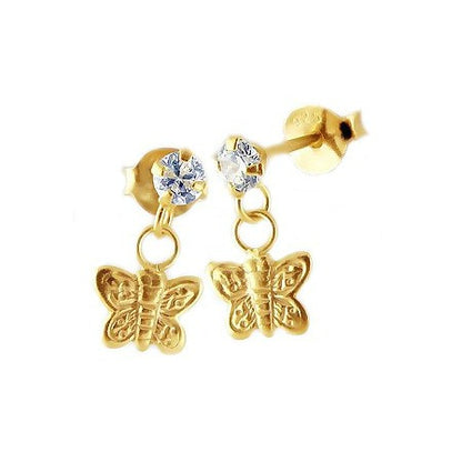 Butterfly earrings with 14K gold over sterling silver and sparkling cubic zirconia studs for kids ages 3 to 10.