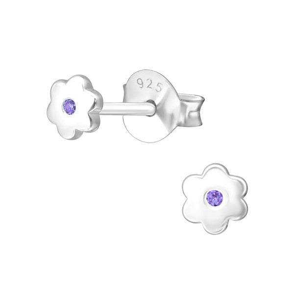 Baby and Children's Earrings:  Sterling Silver Flower Earrings with Central Amethyst CZ - February Birthstone