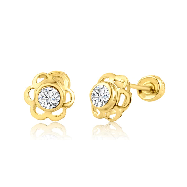 Children's Earrings:  14k Gold, Central CZ Flower Screw Back Earrings with Gift Box