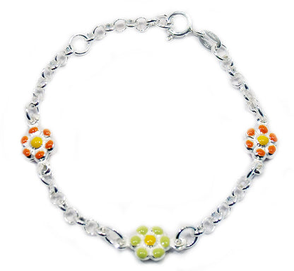 Product shot of a sterling-silver chain bracelet on a pure white background, featuring three enamel daisy charms—two with orange petals and one with pale green petals—linked by oval silver chain links and finished with a lobster-clasp closure.