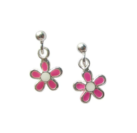 Children's Earrings:  Sterling Silver Pink Flowers Drop Earrings