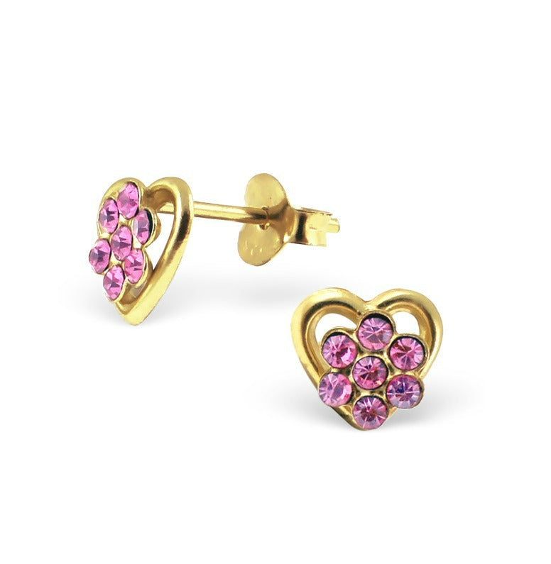 Children's Earrings:  14k Gold Over Sterling Silver Flower on Heart Earrings