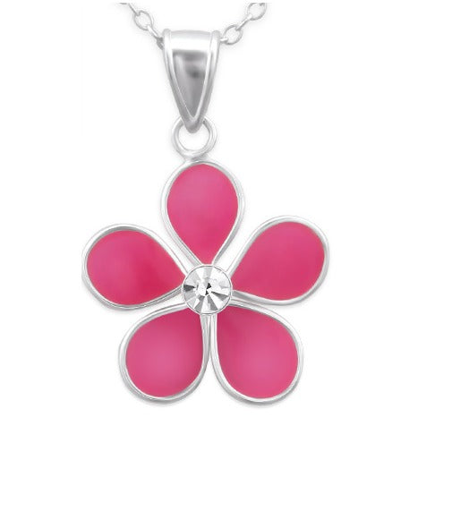 Children's Necklaces:  Sterling Silver Pink Flower with Crystal on Extendable Chain