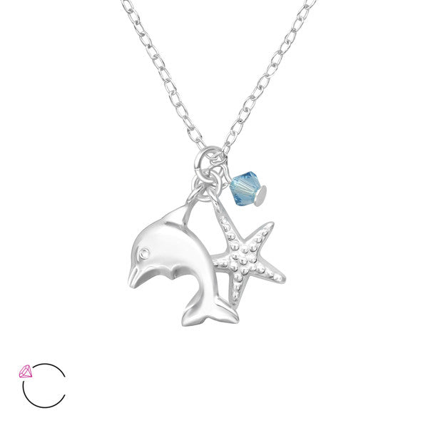 Children's Necklaces:  Sterling Silver Ocean Life Cluster Necklace with La Crystale Aquamarine Crystal, Dolphin and Starfish