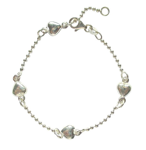 Children's Bracelets:  Sterling Silver Ball Bead Bracelets with Puffed Hearts