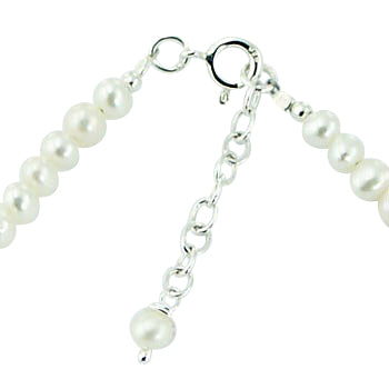 Close-up of a freshwater pearl bracelet with a sterling silver clasp and extension chain.