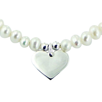 Children's and Teens' Bracelets:  Sterling Silver, White, Freshwater Pearl Bracelets with Engravable Heart Charm and Gift Box