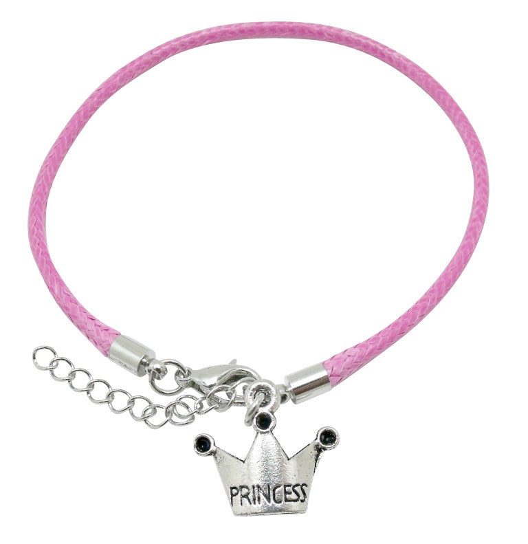 Teens' and Children's Bracelets:  Pink Woven Leather Bracelets with Pewter Princess Crown Charm