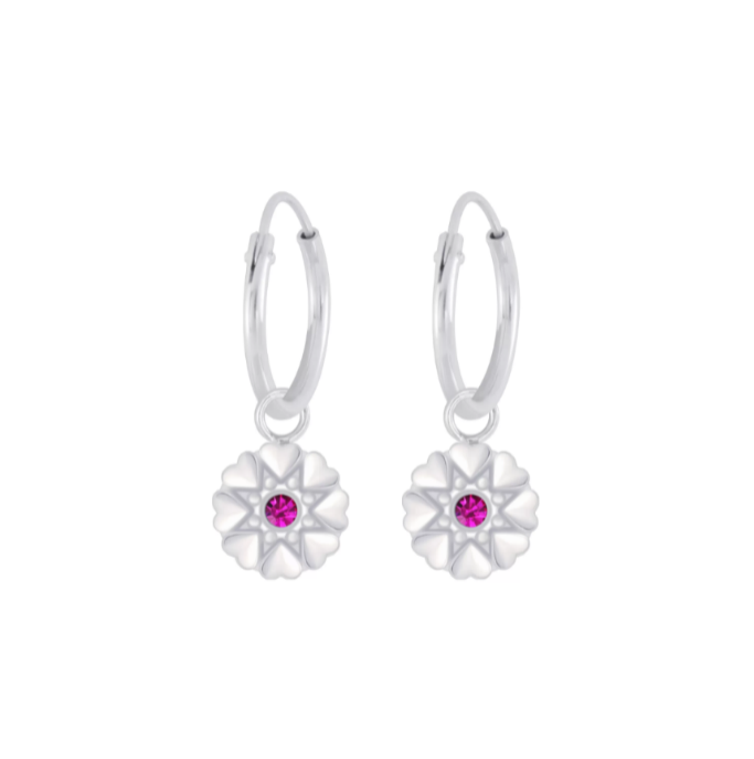Children's Earrings:  Sterling Silver Sleepers with Silver Flowers - Fuchsia CZ