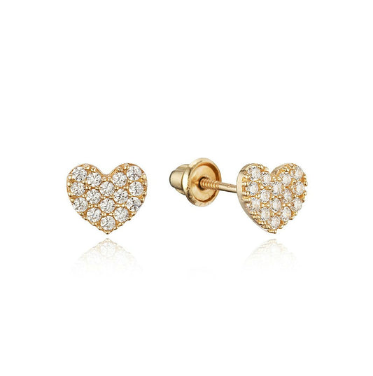 Baby and Children's Earrings:  14k Solid Gold Clear AAA CZ Encrusted Hearts with Screw Backs with Gift Box