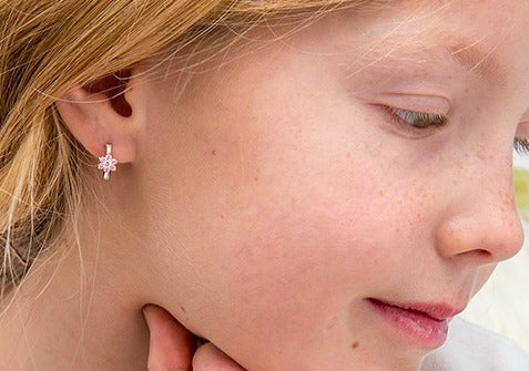 Children's Huggies:  18k White Gold Filled Huggies with Dark Pink CZ Flower