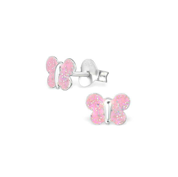 Baby and Children's Earrings:  Sterling Silver, Pink Glitter Butterfly Earrings