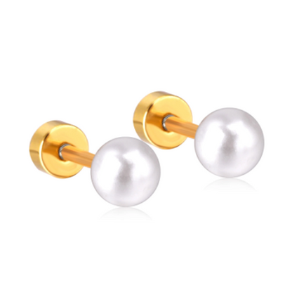 A pair of children's earrings featuring gold-colored screw back closures with pearl accents.