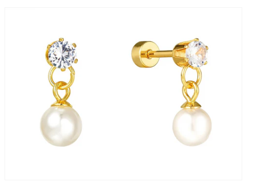 A Pair of gold plated cubic zirconia studs with pearl dangle charms and screw backs. One earring is facing forward while the other is shown from the side to reveal the drum shaped screw back