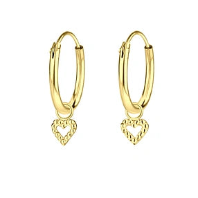 A pair of yellow gold plated sterling silver sleeper earrings with open heart dangles.