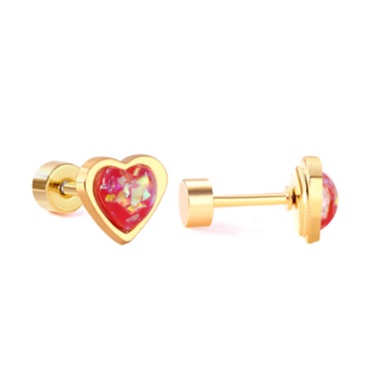 A pair of gold-colored surgical steel screw back earrings with a sparkly enamel heart design in pinky red.