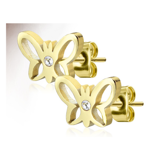 Children's Earrings:  Surgical Steel Gold IP Butterfly Earrings with CZ