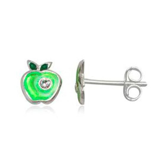 Children's Earrings:  Sterling Silver Green Apple For the Teacher with CZ