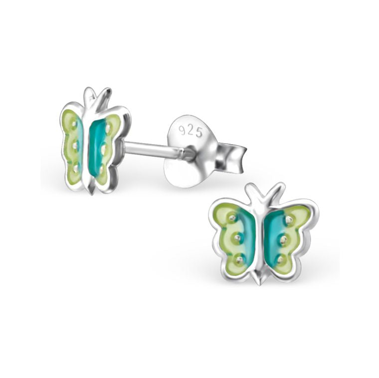 Baby and Children's Earrings:  Sterling Silver Iridescent Green Blue Butterflies
