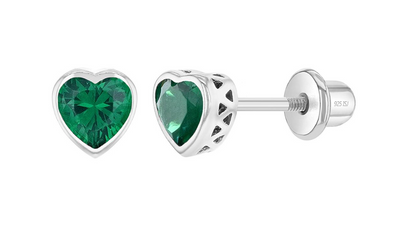 Heart-shaped green cz earrings with silver posts on a white background