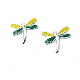 Baby and Children's Earrings:  Green/Yellow Sterling Silver Dragonfly Earrings