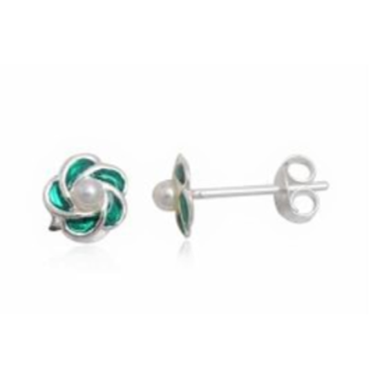 Children's Earrings:  Sterling Silver Pearl Flower Green