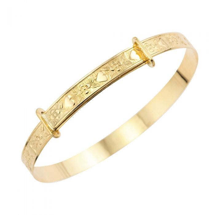 Baby Bangle - 9k Gold Hearts and Flowers Christening Bangle with Gift Box