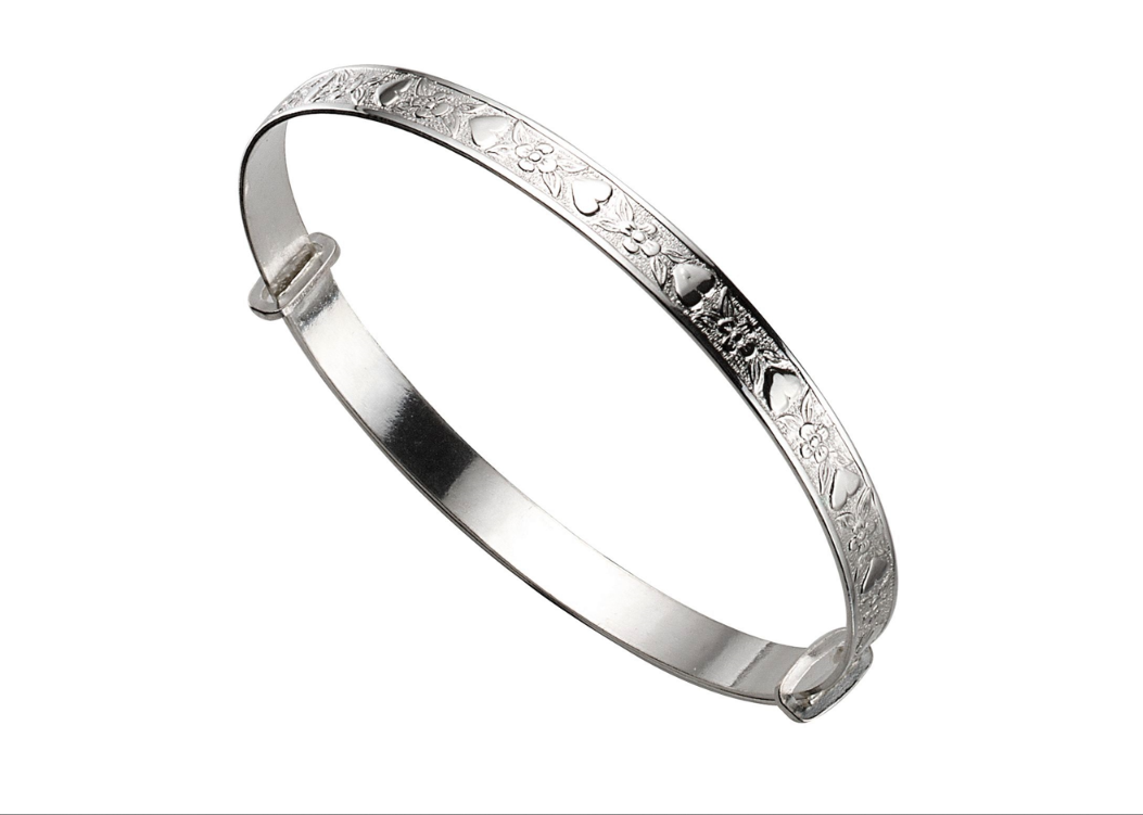 Baby Bangles:  Sterling Silver Hearts and Flowers Newborn Expanding Bangle with Gift Box