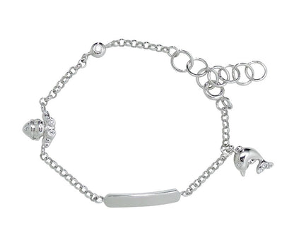 A sterling silver ID charm bracelet with a frog and a dolphin charm, featuring a rolo chain design and a bezel set cubic zirconia.