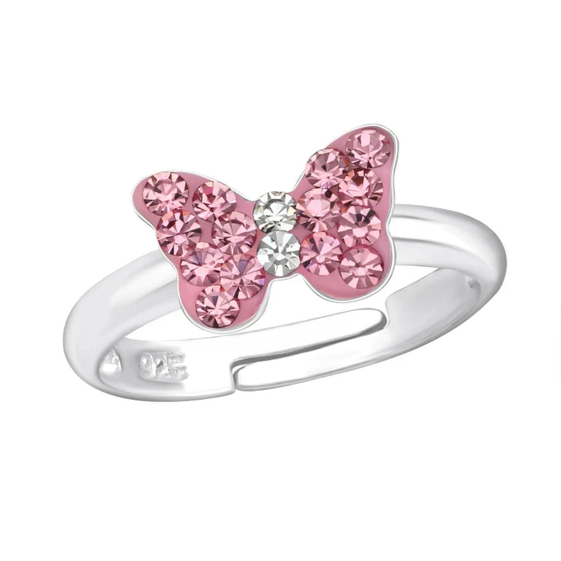 Children's Rings:  Sterling Silver Pink Crystal Butterfly Adjustable Rings