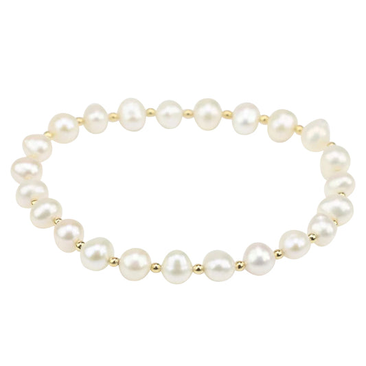 Children's Bracelets:  Gold Plated White, 6mm Freshwater Pearl Stretch Bracelets