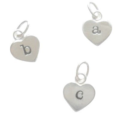 heart shaped sterling silver initial letter charms on a white background