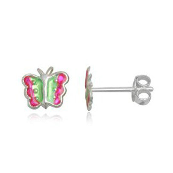 Children's Earrings:  Sterling Silver Iridescent Pinky/Red and Green Butterflies