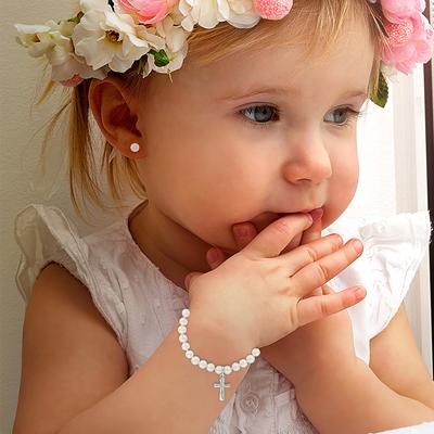 Baby Bracelet/Earrings Sets:  Sterling Silver White Simulated Pearl Christening Sets with Cross and Gift Box