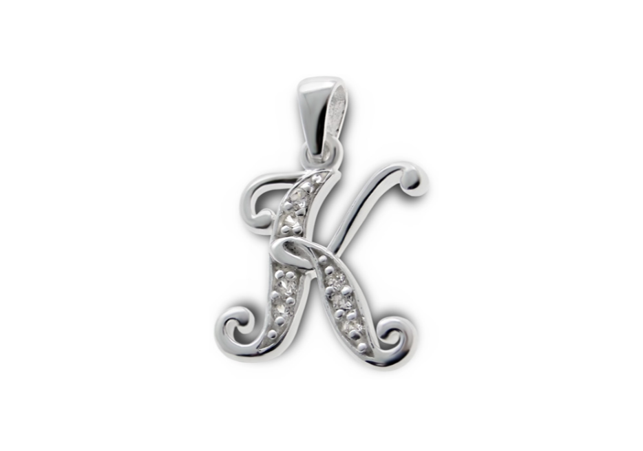 Children's Necklaces:  Sterling Silver, CZ Encrusted Letter K Necklaces, Your Choice of Chain Length