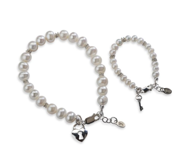 Mother and Baby Bracelet Sets:  Sterling Silver, Freshwater Pearl Mother and Baby Bracelet Heart Lock and Key Sets