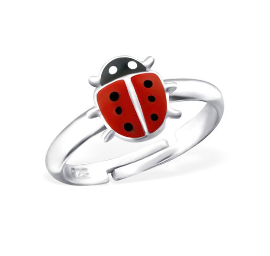 Children's rings in sterling silver featuring a hand-enamelled red and black ladybug design.