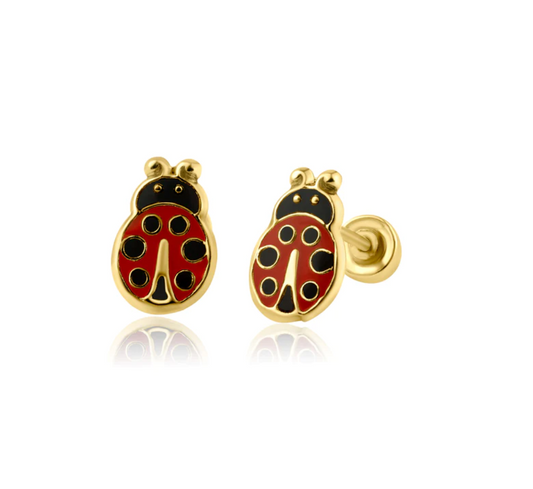 Children's Earrings:  14k Gold Ladybug Screw Back Earrings with Gift Box