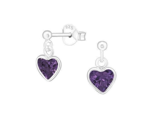 Children's Earrings:  Sterling Silver Studs with Lavender CZ Heart Dangles