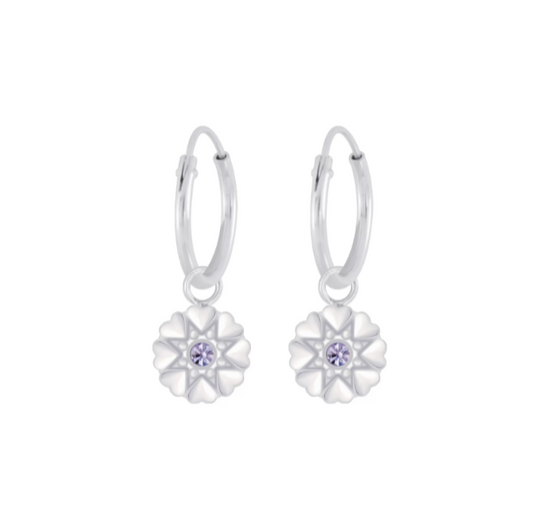 Children's Earrings:  Sterling Silver Sleepers with Silver Flowers - Lavender CZ