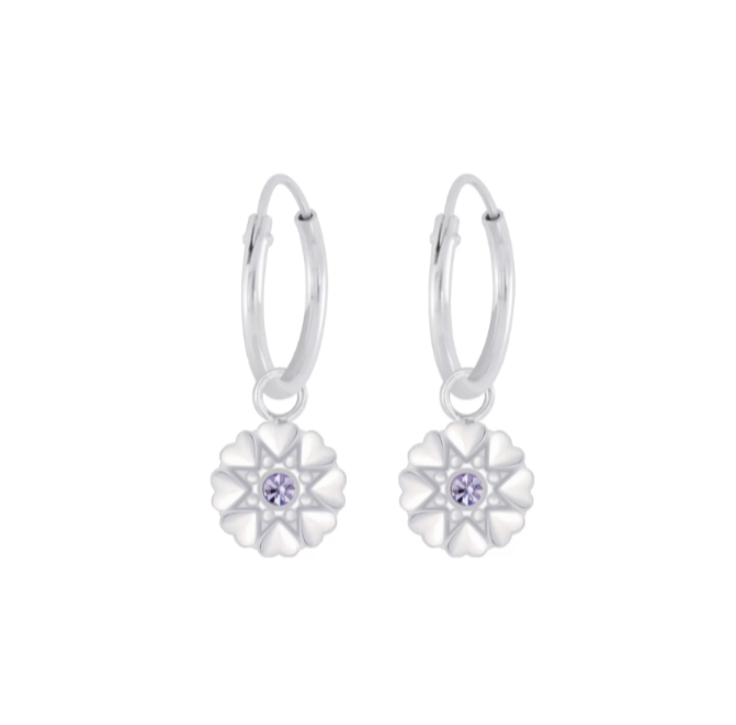 Children's Earrings:  Sterling Silver Sleepers with Silver Flowers - Lavender CZ