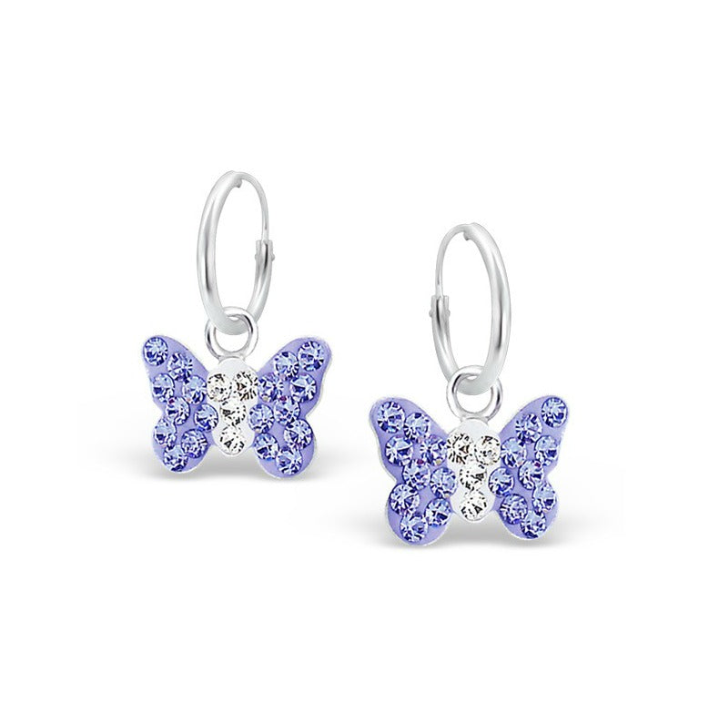 Children's Earrings:  Sterling Silver and Lavender Crystal Butterfly Sleepers/Hoops